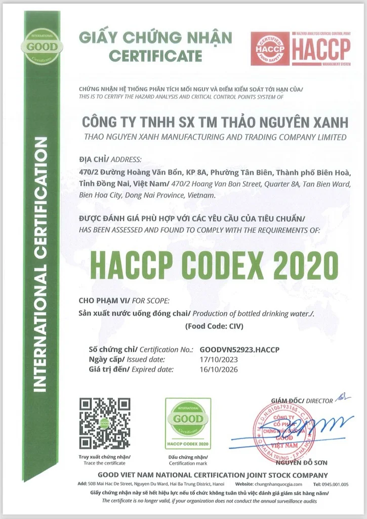 Giấy chứng nhận Certificate Công Ty Thảo Nguyên Xanh